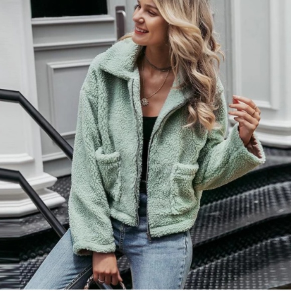 Teddy Bear Faux Shearling Cropped Jacket | Mint - Picture 1 of 6
